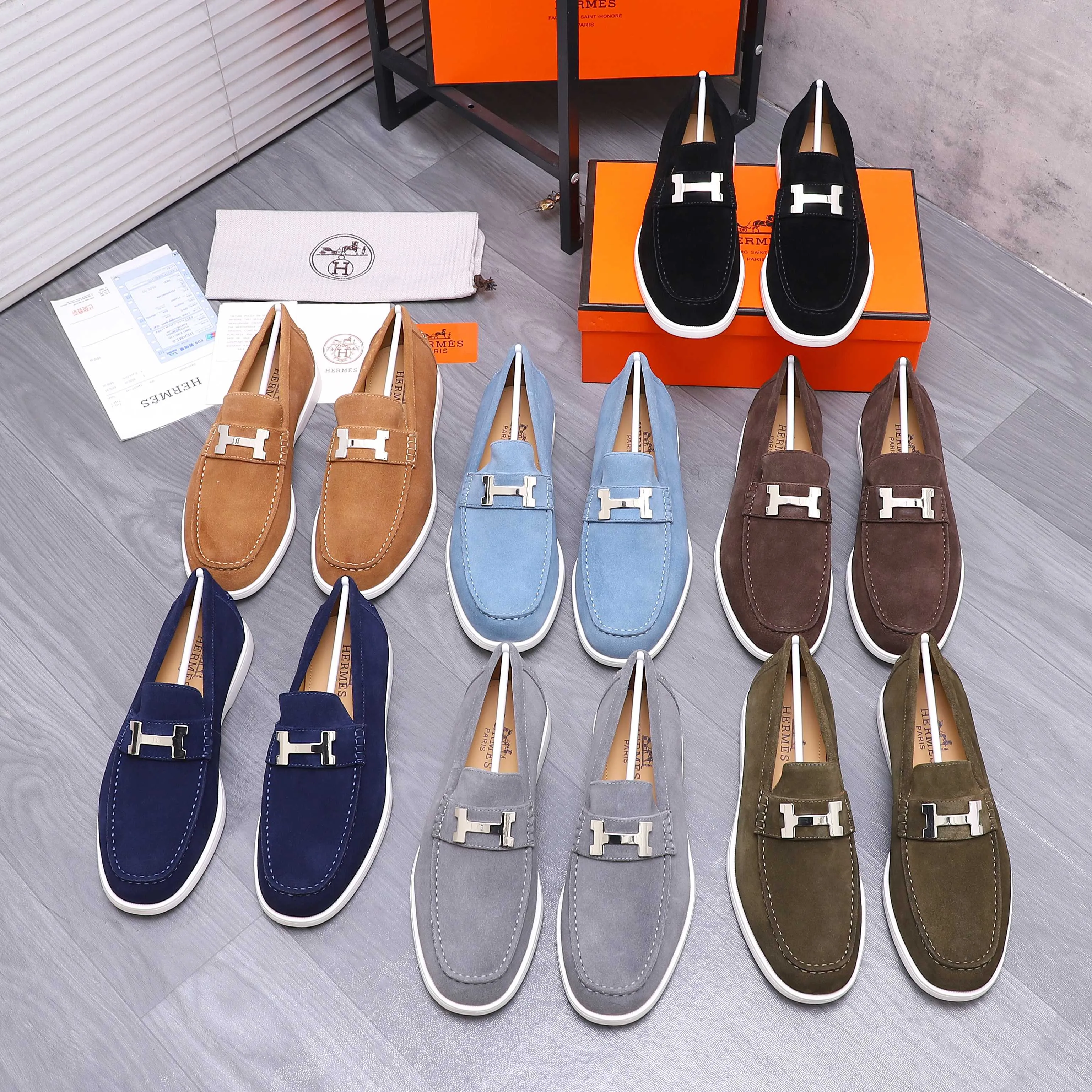 Men's shoes 💰p560 Product trademark: HERMES "Hermès" casual slip-on men's shoes. Regular size: 38-46 (45.46 is custom-made and non-refundable) Product materials: Selected frosted cowhide upper, cowhide lining, original foam rubber ultra-light sole